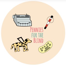 Image Description: Pennies for the Blind Logo, Round penny shape with "Pennies for the Blind" in middle, a brailler in the top left, cane in the top right, guide dog in the bottom left, and refreshable braille display