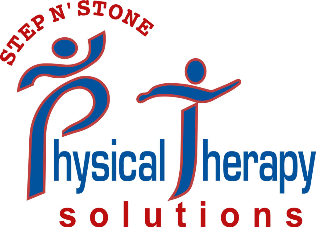 Image Description: Step 'N Stone Logo, "Step N' Stone" in red, "Physical Therapy" in blue, the "P" and "T" are bigger and made to look like people stretching, "Solutions" underneath in red